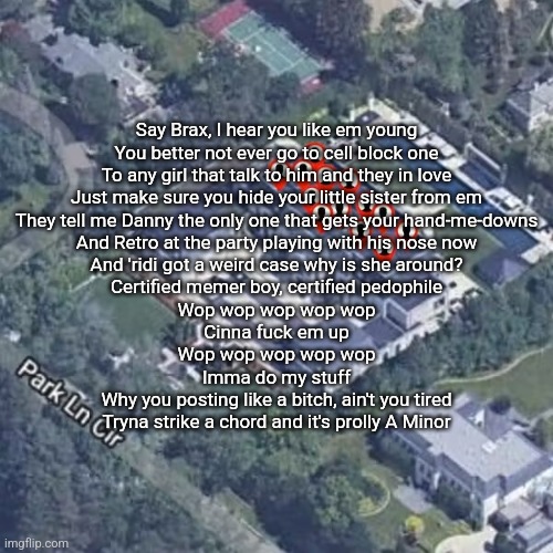 Not Like Brax | Say Brax, I hear you like em young
You better not ever go to cell block one
To any girl that talk to him and they in love
Just make sure you hide your little sister from em
They tell me Danny the only one that gets your hand-me-downs
And Retro at the party playing with his nose now
And 'ridi got a weird case why is she around?
Certified memer boy, certified pedophile
Wop wop wop wop wop
Cinna fuck em up
Wop wop wop wop wop
Imma do my stuff
Why you posting like a bitch, ain't you tired
Tryna strike a chord and it's prolly A Minor | image tagged in not like us - kendrick lamar | made w/ Imgflip meme maker