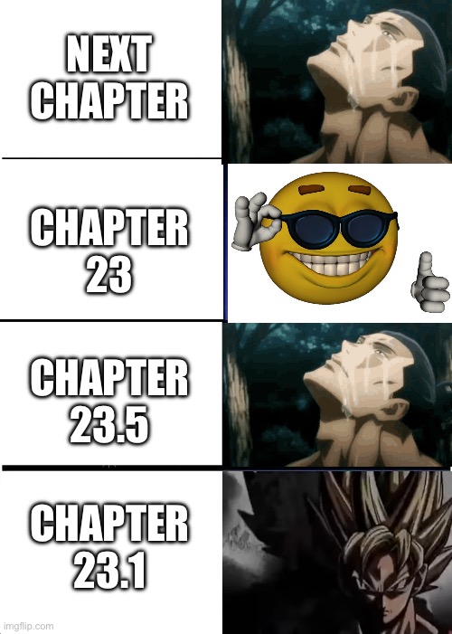 Next chapter, but… | NEXT CHAPTER; CHAPTER 23; CHAPTER 23.5; CHAPTER 23.1 | image tagged in memes,reading,goku,jjk,smile,relatable | made w/ Imgflip meme maker