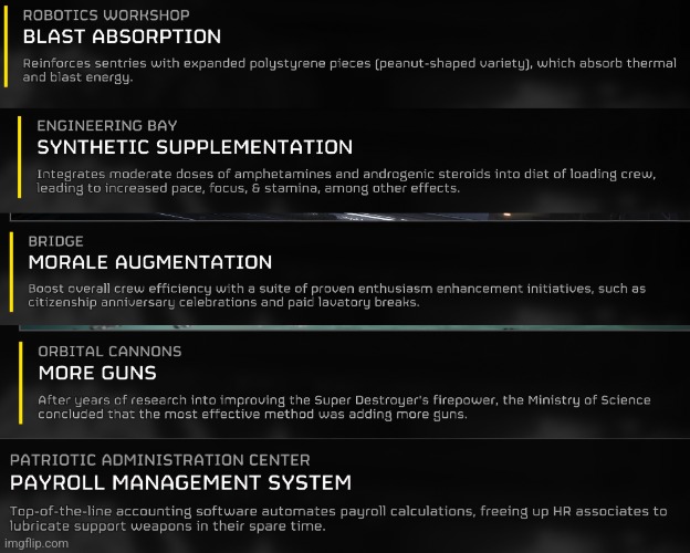 My favorite Helldivers 2 upgrade descriptions | made w/ Imgflip meme maker