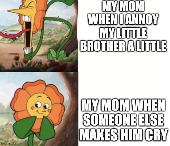 cagney carnation | MY MOM WHEN I ANNOY MY LITTLE BROTHER A LITTLE; MY MOM WHEN SOMEONE ELSE MAKES HIM CRY | image tagged in cagney carnation | made w/ Imgflip meme maker