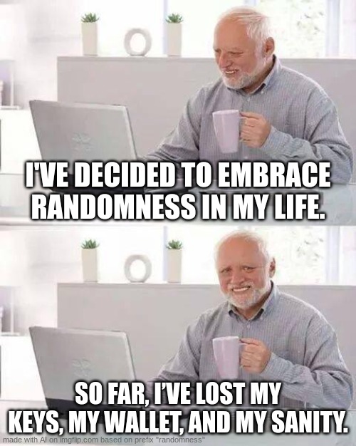 lol | I'VE DECIDED TO EMBRACE RANDOMNESS IN MY LIFE. SO FAR, I’VE LOST MY KEYS, MY WALLET, AND MY SANITY. | image tagged in memes,hide the pain harold | made w/ Imgflip meme maker