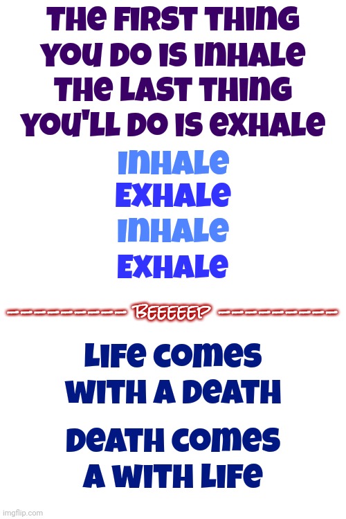 Life And Breath | The first thing you do is inhale; The last thing you'll do is exhale; Inhale; Exhale; Inhale; Exhale; --------- beeeeep ---------; Life comes with a death; Death comes a with life | image tagged in life,death,breath,deep thoughts,why do people fear death,memes | made w/ Imgflip meme maker