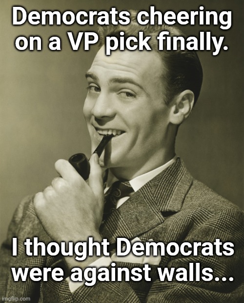 Commie-ala Harris has picked a running mate | Democrats cheering on a VP pick finally. I thought Democrats were against walls... | image tagged in smug,vice president | made w/ Imgflip meme maker