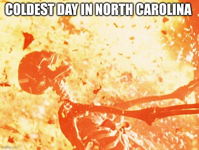 Fire skeleton | COLDEST DAY IN NORTH CAROLINA | image tagged in fire skeleton | made w/ Imgflip meme maker