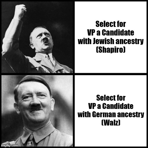 The Anti-Semitic wing of the Liberal Democrats win again... | Select for VP a Candidate with Jewish ancestry
(Shapiro); Select for VP a Candidate with German ancestry
(Walz) | image tagged in hitler no yes,antisemitism,kamala harris,tim walz | made w/ Imgflip meme maker