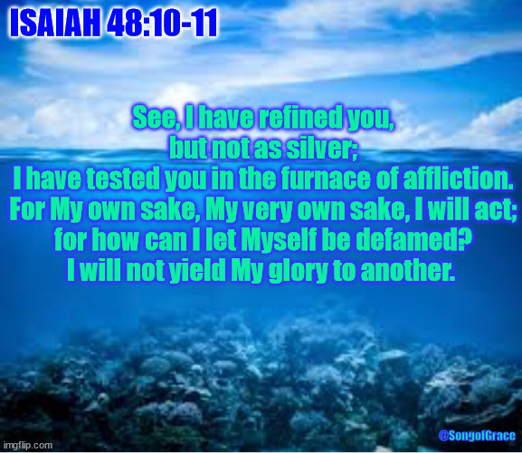 Isaiah 48:10-11 | ISAIAH 48:10-11; See, I have refined you, but not as silver;
I have tested you in the furnace of affliction.
For My own sake, My very own sake, I will act;
for how can I let Myself be defamed?
I will not yield My glory to another. @SongofGrace | image tagged in biblical encouragement | made w/ Imgflip meme maker