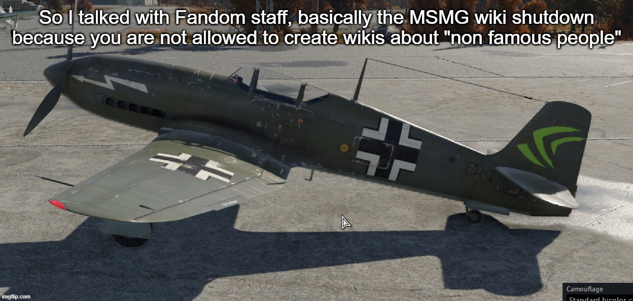 We gotta host it somewhere else | So I talked with Fandom staff, basically the MSMG wiki shutdown because you are not allowed to create wikis about "non famous people" | image tagged in nvidia plane | made w/ Imgflip meme maker