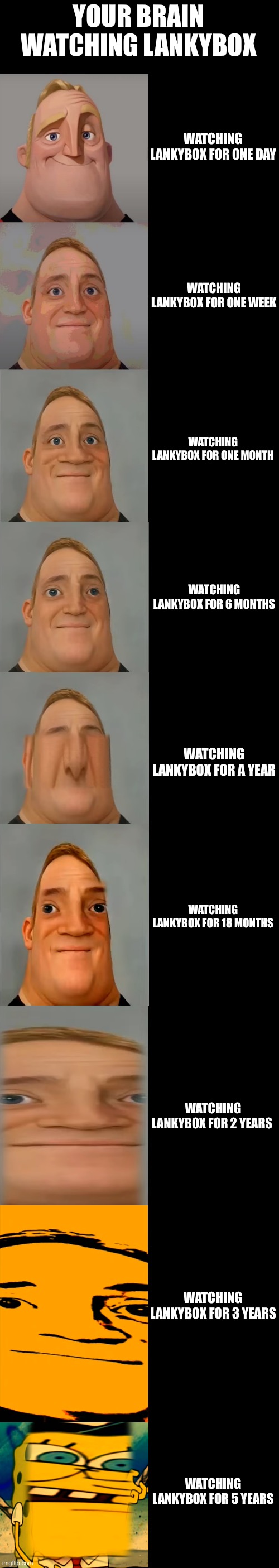 For educational purposes only! | YOUR BRAIN WATCHING LANKYBOX; WATCHING LANKYBOX FOR ONE DAY; WATCHING LANKYBOX FOR ONE WEEK; WATCHING LANKYBOX FOR ONE MONTH; WATCHING LANKYBOX FOR 6 MONTHS; WATCHING LANKYBOX FOR A YEAR; WATCHING LANKYBOX FOR 18 MONTHS; WATCHING LANKYBOX FOR 2 YEARS; WATCHING LANKYBOX FOR 3 YEARS; WATCHING LANKYBOX FOR 5 YEARS | image tagged in mr incredible becoming idiot template | made w/ Imgflip meme maker