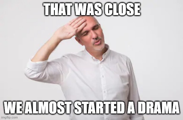 Phew | THAT WAS CLOSE WE ALMOST STARTED A DRAMA | image tagged in phew | made w/ Imgflip meme maker