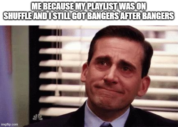 huzzah | ME BECAUSE MY PLAYLIST WAS ON SHUFFLE AND I STILL GOT BANGERS AFTER BANGERS | image tagged in happy cry,currently listening to why'd you only call me when you're high | made w/ Imgflip meme maker