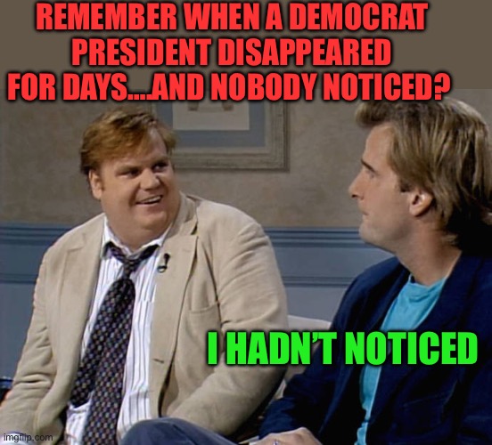 Who’s running the country? | REMEMBER WHEN A DEMOCRAT PRESIDENT DISAPPEARED FOR DAYS….AND NOBODY NOTICED? I HADN’T NOTICED | image tagged in remember that time,biden,democrats,missing,hoax,incompetence | made w/ Imgflip meme maker