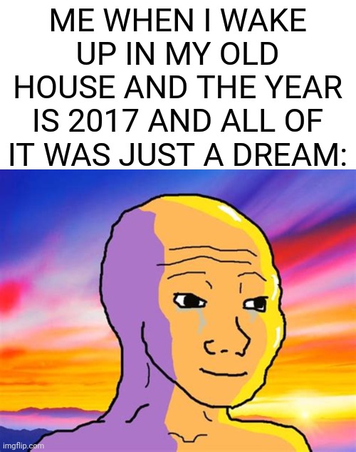 man the good old days i miss | ME WHEN I WAKE UP IN MY OLD HOUSE AND THE YEAR IS 2017 AND ALL OF IT WAS JUST A DREAM: | image tagged in sunset wojak,2017,nostalgia | made w/ Imgflip meme maker