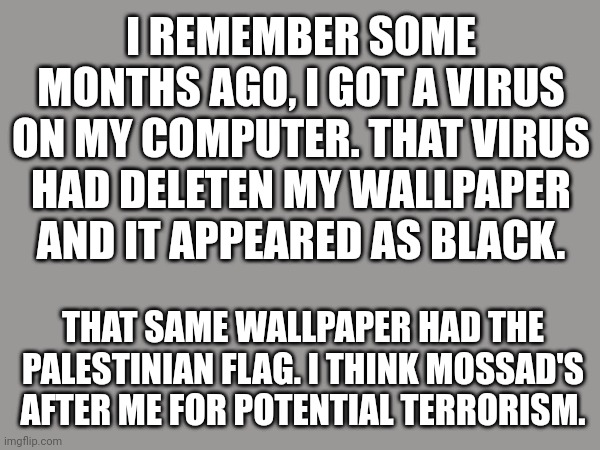 Free my homie, he dun nothing wrong. | I REMEMBER SOME MONTHS AGO, I GOT A VIRUS ON MY COMPUTER. THAT VIRUS HAD DELETEN MY WALLPAPER AND IT APPEARED AS BLACK. THAT SAME WALLPAPER HAD THE PALESTINIAN FLAG. I THINK MOSSAD'S AFTER ME FOR POTENTIAL TERRORISM. | image tagged in palestine,secret service,middle east,your free trial of living has ended | made w/ Imgflip meme maker