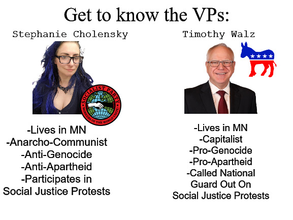 yep. | Get to know the VPs:; Stephanie Cholensky; Timothy Walz; -Lives in MN
-Anarcho-Communist
-Anti-Genocide
-Anti-Apartheid
-Participates in Social Justice Protests; -Lives in MN
-Capitalist
-Pro-Genocide
-Pro-Apartheid
-Called National Guard Out On Social Justice Protests | image tagged in democrats,anachist,communist,tim walz,stephanie cholensky,socialist party usa | made w/ Imgflip meme maker