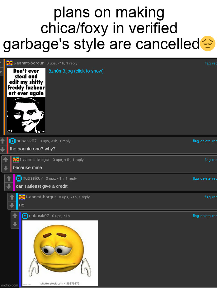 plans on making chica/foxy in verified garbage's style are cancelled😔 | made w/ Imgflip meme maker