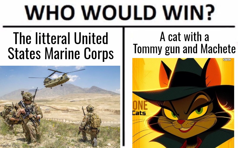 Out of context TimeZone meme. | A cat with a Tommy gun and Machete; The litteral United States Marine Corps | image tagged in memes,who would win,timezone,game,idea,out of context | made w/ Imgflip meme maker