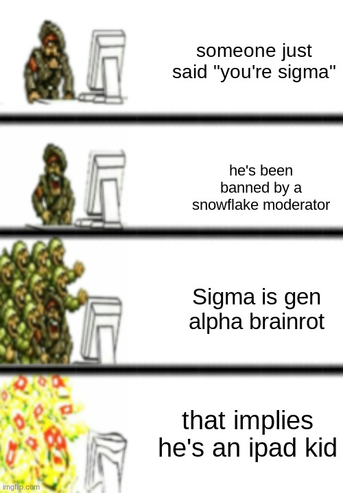 Morden Reaction | someone just said "you're sigma" he's been banned by a snowflake moderator Sigma is gen alpha brainrot that implies he's an ipad kid | image tagged in morden reaction | made w/ Imgflip meme maker