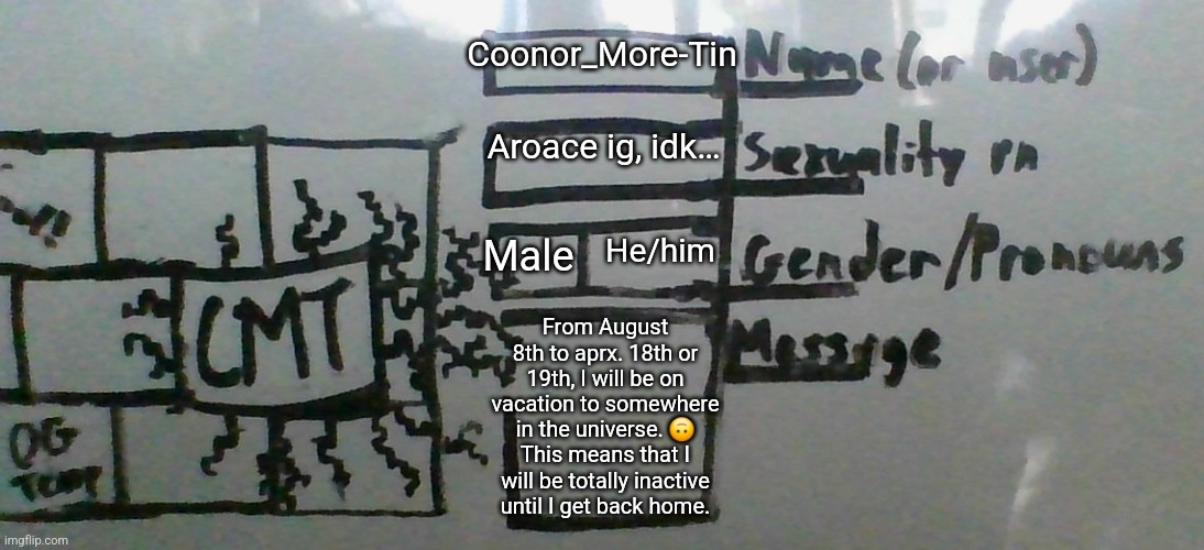 Once I do get back, it would be nice for y'all to give me updates on what happens while I'm gone. | Coonor_More-Tin; Aroace ig, idk…; He/him; Male; From August 8th to aprx. 18th or 19th, I will be on vacation to somewhere in the universe. 🙃
This means that I will be totally inactive until I get back home. | image tagged in cmt's cool template,fresh memes,summer vacation | made w/ Imgflip meme maker