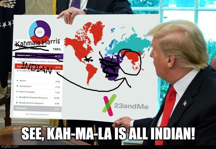 Trump's Proof | SEE, KAH-MA-LA IS ALL INDIAN! | image tagged in donald trump,trump,kamala harris,kamala,23andme,2024election | made w/ Imgflip meme maker