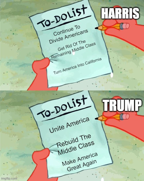 You Know Who To Pick. MAGA 24 | HARRIS; Continue To Divide Americans; Get Rid Of The Remaining Middle Class; Turn America Into California; TRUMP; Unite America; Rebuild The Middle Class; Make America Great Again | image tagged in patrick to do list actually blank | made w/ Imgflip meme maker