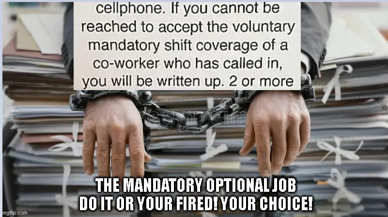 The Mandatory Optional Job | THE MANDATORY OPTIONAL JOB
DO IT OR YOUR FIRED! YOUR CHOICE! | image tagged in work,work sucks,bosses suck,corporation | made w/ Imgflip meme maker