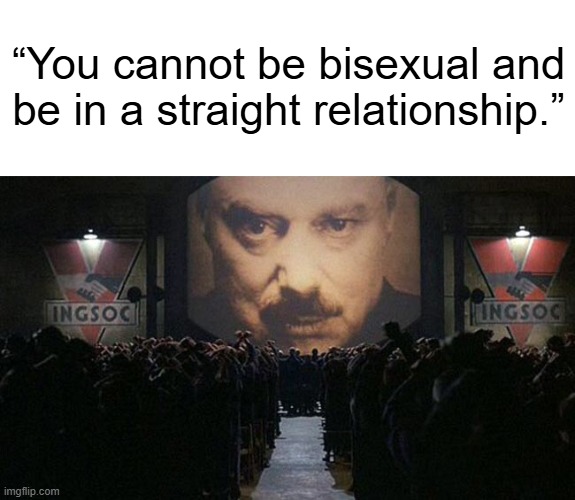 Literally 1984 ? | “You cannot be bisexual and be in a straight relationship.” | image tagged in 1984,bisexual,memes,dank memes,literally 1984,dark humor | made w/ Imgflip meme maker