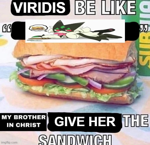 weed cat want sandovich | VIRIDIS; GIVE HER | image tagged in brother in christ subway | made w/ Imgflip meme maker