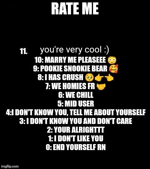 ik most of you guys don't know me that much but still posting this cuz why not | you're very cool :) | image tagged in rate me | made w/ Imgflip meme maker