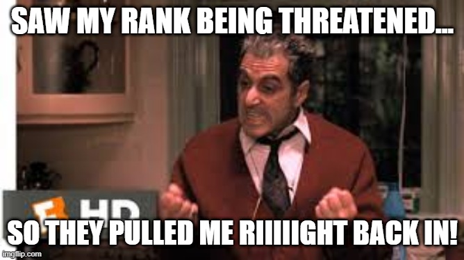 Yeah, IYKYK | SAW MY RANK BEING THREATENED... SO THEY PULLED ME RIIIIIGHT BACK IN! | image tagged in michael corleone | made w/ Imgflip meme maker