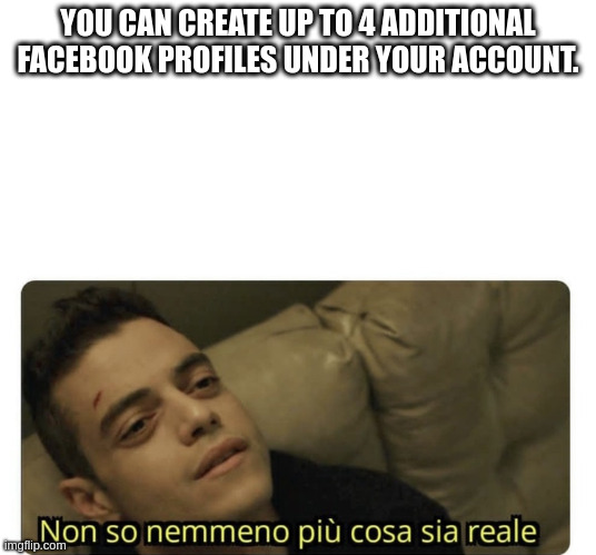 facebook | YOU CAN CREATE UP TO 4 ADDITIONAL FACEBOOK PROFILES UNDER YOUR ACCOUNT. | image tagged in non so nemmeno pi cosa sia reale | made w/ Imgflip meme maker