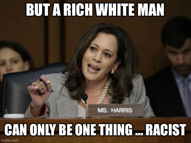 Kamala Harris | BUT A RICH WHITE MAN CAN ONLY BE ONE THING … RACIST | image tagged in kamala harris | made w/ Imgflip meme maker