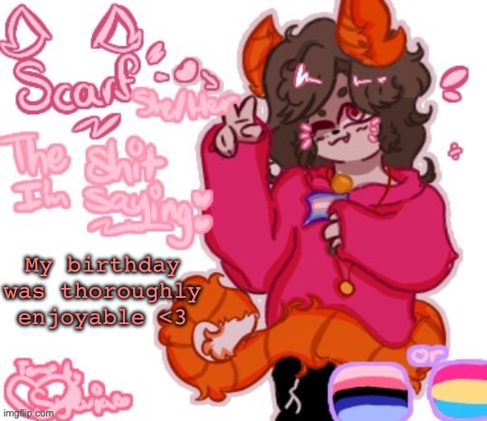 I really liked today | My birthday was thoroughly enjoyable <3 | image tagged in scarf announcement template made by sylvia v1 | made w/ Imgflip meme maker