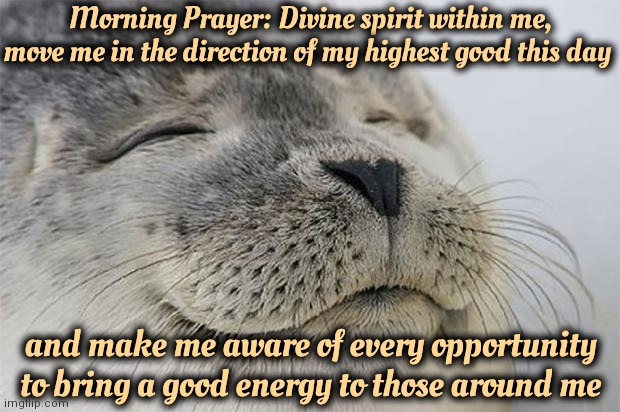 A Good Way To Set Your Intentions For The New Day | Morning Prayer: Divine spirit within me, move me in the direction of my highest good this day; and make me aware of every opportunity to bring a good energy to those around me | image tagged in memes,satisfied seal,good morning,morning prayer,morning spell,wake up | made w/ Imgflip meme maker