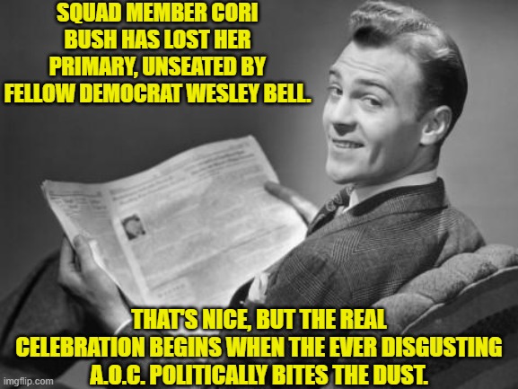 It won't happen.  The DNC is obviously grooming her for a future presidential run.  But we can dream. | SQUAD MEMBER CORI BUSH HAS LOST HER PRIMARY, UNSEATED BY FELLOW DEMOCRAT WESLEY BELL. THAT'S NICE, BUT THE REAL CELEBRATION BEGINS WHEN THE EVER DISGUSTING A.O.C. POLITICALLY BITES THE DUST. | image tagged in yep | made w/ Imgflip meme maker