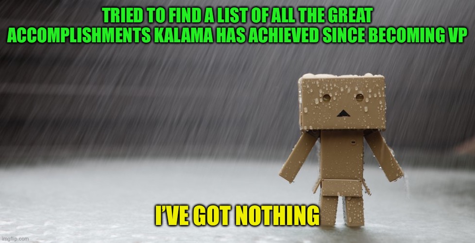 I got nothin' | TRIED TO FIND A LIST OF ALL THE GREAT ACCOMPLISHMENTS KALAMA HAS ACHIEVED SINCE BECOMING VP; I’VE GOT NOTHING | image tagged in i got nothin' | made w/ Imgflip meme maker