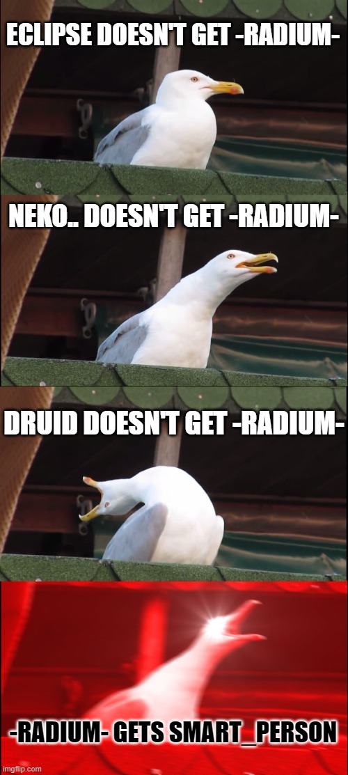 Inhaling Seagull Meme | ECLIPSE DOESN'T GET -RADIUM-; NEKO.. DOESN'T GET -RADIUM-; DRUID DOESN'T GET -RADIUM-; -RADIUM- GETS SMART_PERSON | image tagged in memes,inhaling seagull | made w/ Imgflip meme maker