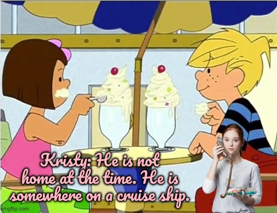 Kristy Calls the Mitchell Residence | Kristy: He is not home at the time. He is somewhere on a cruise ship. | image tagged in dennis mitchell and princess liana,90s,2000s,animated,girls,cruise ship | made w/ Imgflip meme maker