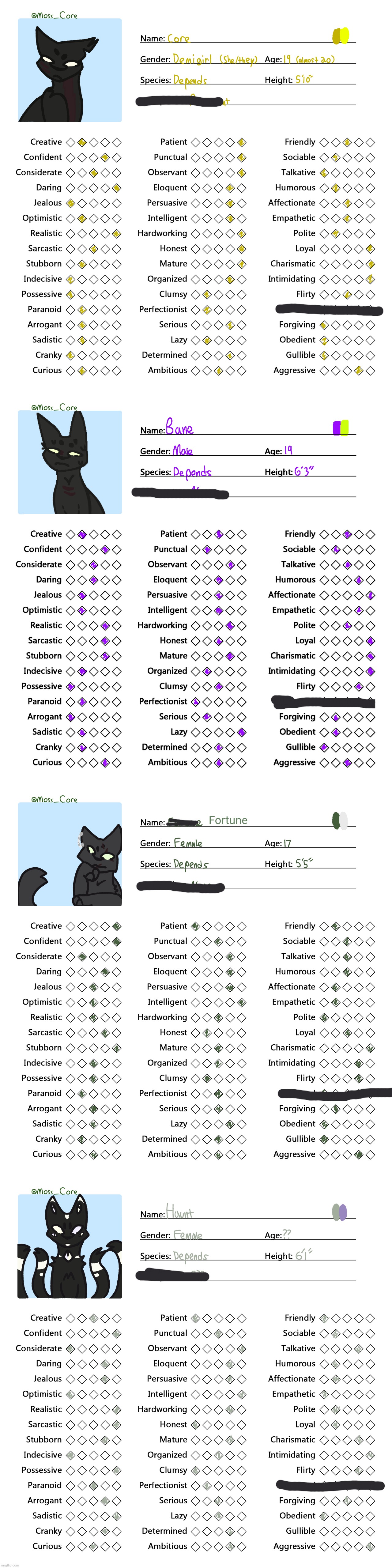 have some character charts | Fortune | image tagged in core,bane,fortune,haunt,from moss_core | made w/ Imgflip meme maker