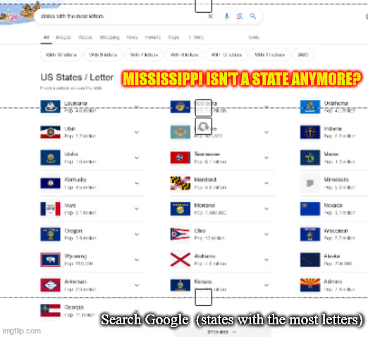 Google needs glassesMississippi is missing | MISSISSIPPI ISN'T A STATE ANYMORE? Search Google  (states with the most letters) | image tagged in google gone gaga,google sucks,ai tantrum,baby is having a fit,mississippi isn't a state,dumb as a trumper | made w/ Imgflip meme maker