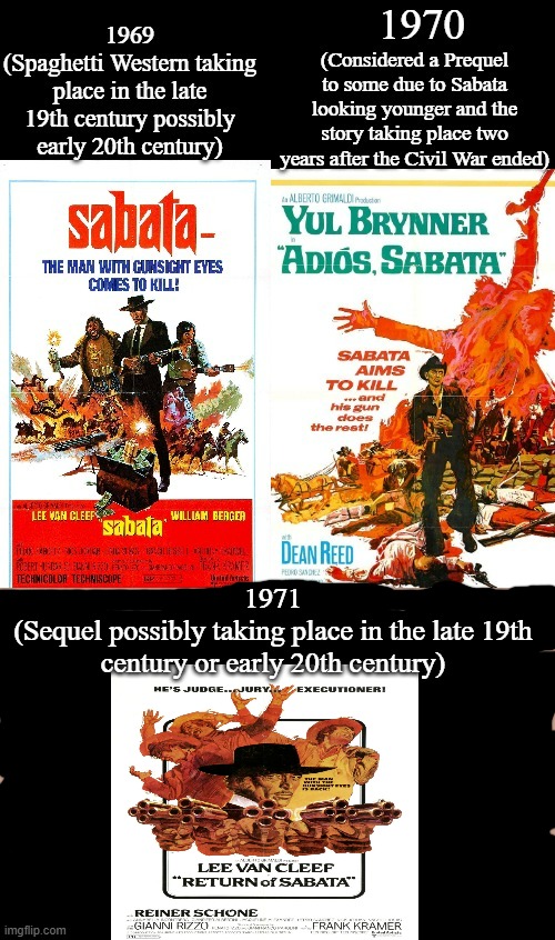 Sabata Trilogy | 1971
(Sequel possibly taking place in the late 19th century or early 20th century) | image tagged in sabata,adios sabata,return of sabata,lee van cleef,yul brynner,google images | made w/ Imgflip meme maker