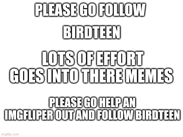 Plz Help This User | PLEASE GO FOLLOW; BIRDTEEN; LOTS OF EFFORT GOES INTO THERE MEMES; PLEASE GO HELP AN IMGFLIPER OUT AND FOLLOW BIRDTEEN | image tagged in plz | made w/ Imgflip meme maker