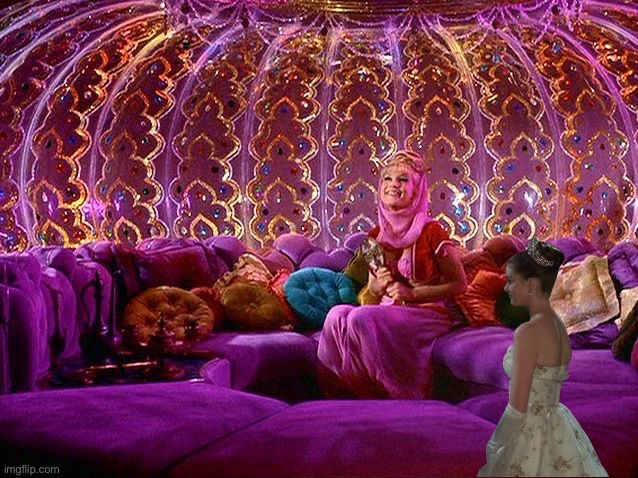 Princess Mia Visits Jeannie | image tagged in i dream of jeannie,girl,1960s,2000s,princess,genie | made w/ Imgflip meme maker