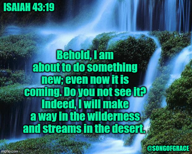 Isaiah 43:19 | ISAIAH 43:19; Behold, I am about to do something new; even now it is coming. Do you not see it? Indeed, I will make a way in the wilderness and streams in the desert. @SONGOFGRACE | image tagged in waterfall,biblical encouragement | made w/ Imgflip meme maker