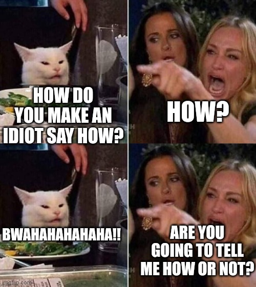 HOW DO YOU MAKE AN IDIOT SAY HOW? HOW? BWAHAHAHAHAHA!! ARE YOU GOING TO TELL ME HOW OR NOT? | image tagged in reverse smudge that darn cat | made w/ Imgflip meme maker