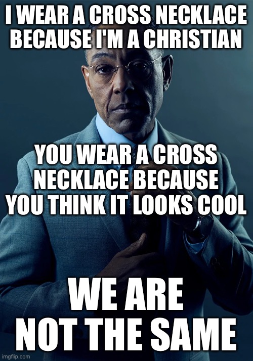 Literally it's so annoying seeing non Christian's wear cross necklaces | I WEAR A CROSS NECKLACE BECAUSE I'M A CHRISTIAN; YOU WEAR A CROSS NECKLACE BECAUSE YOU THINK IT LOOKS COOL; WE ARE NOT THE SAME | image tagged in we are not the same,christian | made w/ Imgflip meme maker