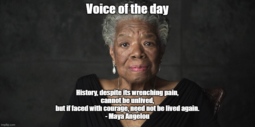 Maya Angelou - living through the pain of history | Voice of the day; History, despite its wrenching pain,
 cannot be unlived, 
but if faced with courage, need not be lived again.
- Maya Angelou | image tagged in maya angelou | made w/ Imgflip meme maker