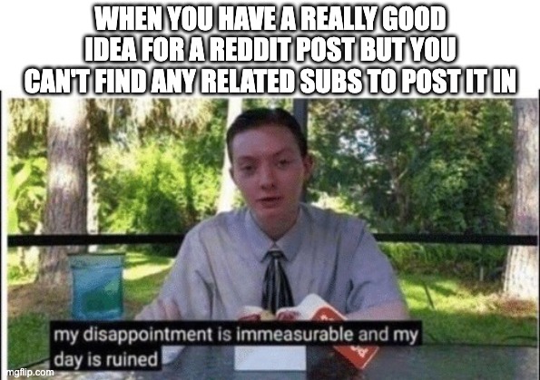 This literally happens so many times | WHEN YOU HAVE A REALLY GOOD IDEA FOR A REDDIT POST BUT YOU CAN'T FIND ANY RELATED SUBS TO POST IT IN | image tagged in my dissapointment is immeasurable and my day is ruined,reddit | made w/ Imgflip meme maker