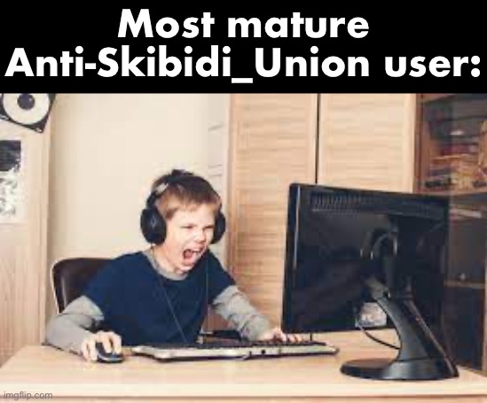 Stream slander #2 | Most mature Anti-Skibidi_Union user: | image tagged in kid screaming at computer | made w/ Imgflip meme maker