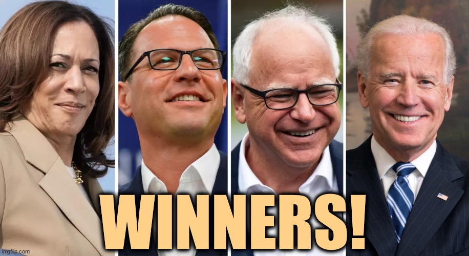 Republicans were most afraid of Shapiro, but he wasn't hurt. He's young. He'll kick their ass another time. | WINNERS! | image tagged in kamala harris,tim walz,josh shapiro,joe biden,winners | made w/ Imgflip meme maker