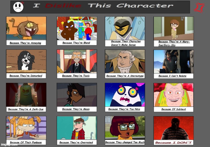 I dislike this character | image tagged in inside job,total drama,rugrats,ed edd n eddy,hazbin hotel,characters | made w/ Imgflip meme maker